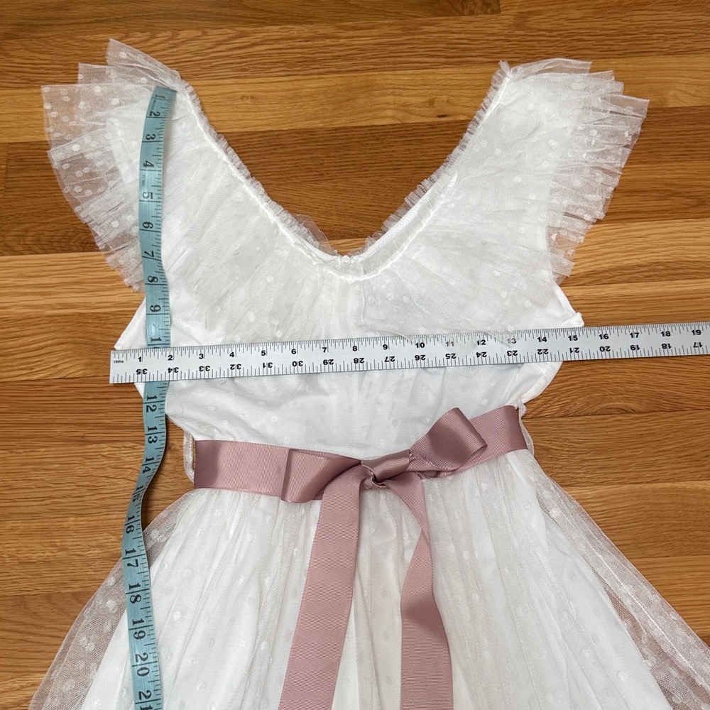 White Swiss Dot Tulle V-neck Dress with Pink Sash - Picture 11 of 12